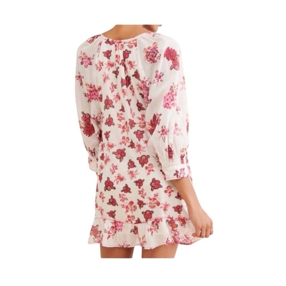 Free People Camella Mini Dress M Ivory and Pink Floral Bohemian 3/4 Sleeve - Picture 2 of 16
